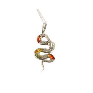 Baltic Amber Rattle Snake Pendant Necklace in 925 Sterling Silver